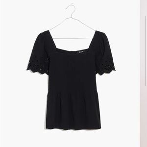 NWOT Madewell Black Eyelet-Sleeve Smocked Peplum Top